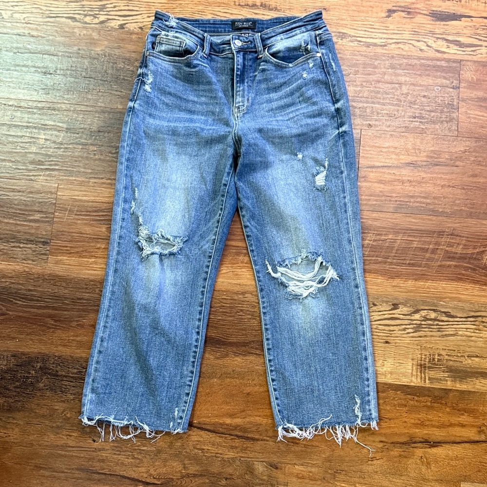 Judy Blue Distressed Wide Leg Jeans in Blue 24 inch Inseam